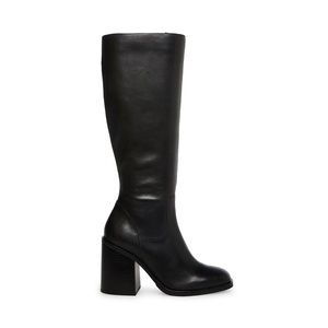 Black Leather Knee High Heeled Boots Steve Madden Liza - New